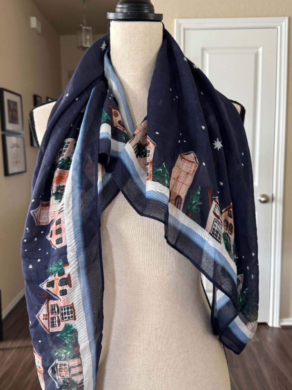 J.Jill Lightweight Scarf Navy Starry Night Village 38"